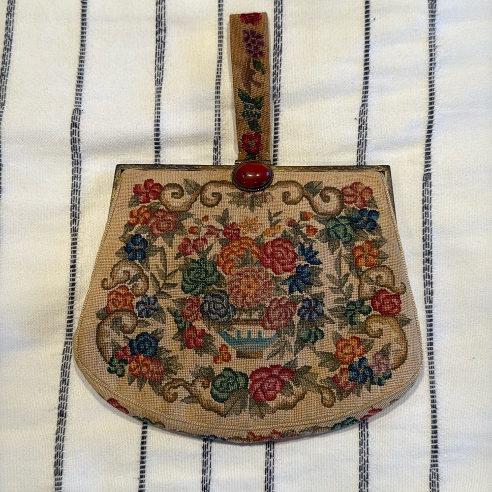 Vintage 1900’s Floral Petit Point Embroidered Clutch Purse